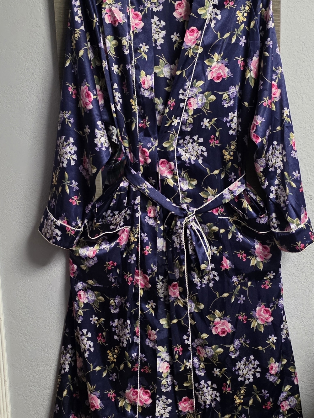 Dior Navy Satin Floral Robe with Pink and Lavender Blossoms